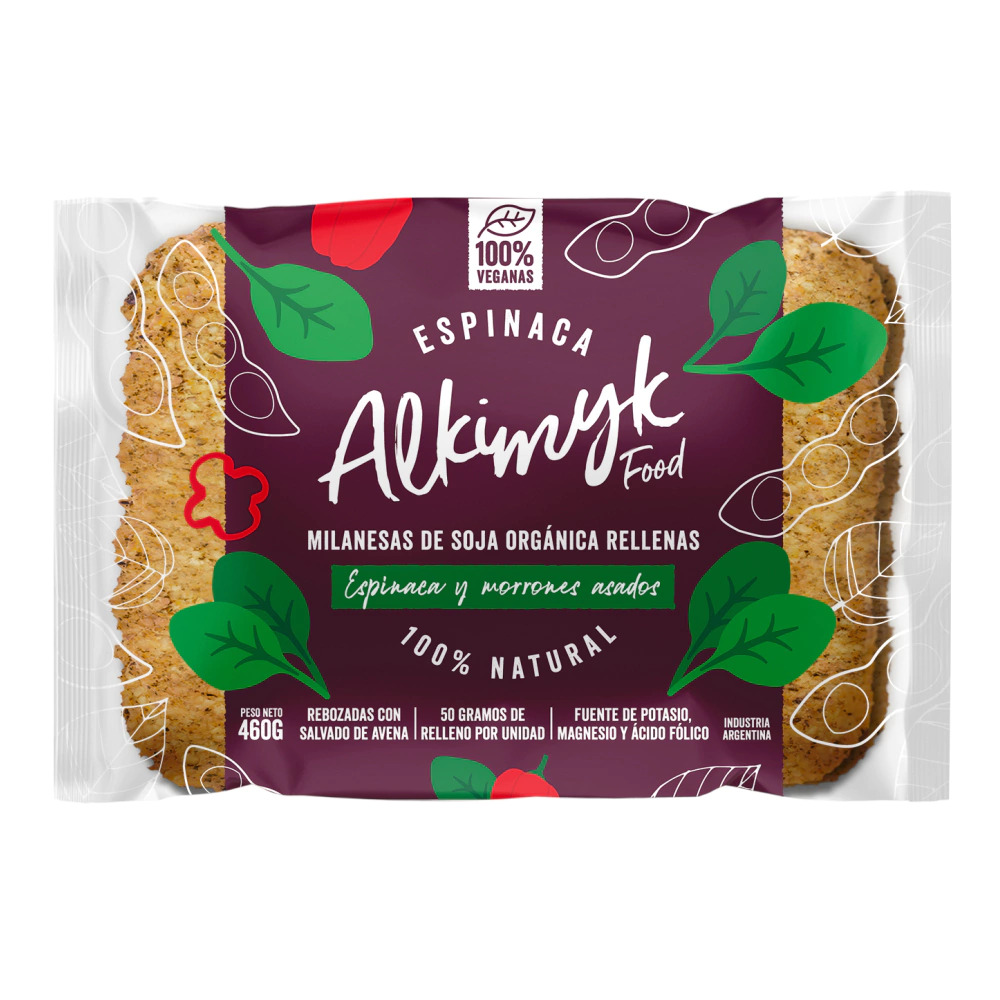 Milanesas de Soja Orgánica, Espinaca con Morrones asados 4U &quot;Alkimyk Food&quot;