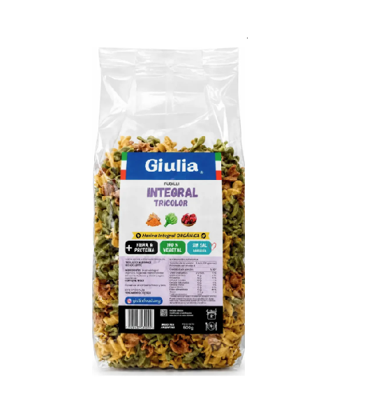 Fideos Fusilli tricolor: espinaca curcuma y morron "Giulia" 500g - con harina integral organica